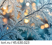 The night frost painted patterns on the window panes. New Year's decor. Festive New Year's atmosphere. Стоковое AI-изображение, AI-художник Сергей Елизарьев / Фотобанк Лори