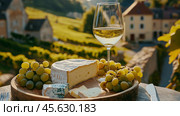 French cheeses grapes and wine. Стоковое AI-изображение, AI-художник Михаил Коханчиков / Фотобанк Лори
