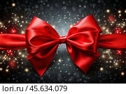 Elegant bow made of satin red ribbon on a shiny black background. Стоковое AI-изображение, AI-художник Photojuli / Фотобанк Лори