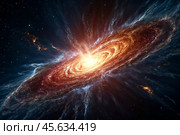 Supernova with exploding stars cosmic shock waves and radiant nebula on night sky, celestial space phenomenon. Perfect background, poster banner. Cosmic science spectacle concept. Copy ad text space. Стоковое AI-изображение, AI-художник Aleksandr Golubev / Фотобанк Лори