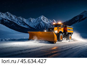Special equipment snowplow clearing snow from road, snow-covered mountains, starry night. Snow plow tractor clears snow on ski resort, nighttime. Safety winter rustic road concept. Copy ad text space. Стоковое AI-изображение, AI-художник Aleksandr Golubev / Фотобанк Лори