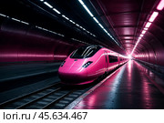 Abstract futuristic pink train speeding moving on high speed track in dark night tunnel, fast motion. High-tech future urban transport. Express transportation passengers concept. Copy ad text space. Стоковое AI-изображение, AI-художник Aleksandr Golubev / Фотобанк Лори
