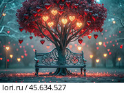 A beautiful fantasy heart-shaped tree shining among the trees in the park and a bench for lovers on a fabulous background in the bokeh style. Стоковое AI-изображение, AI-художник Photojuli / Фотобанк Лори