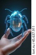 Holographic beetle projection hovers above a human hand, showcasing futuristic technology, AI. Стоковое AI-изображение, AI-художник Сергей Старуш / Фотобанк Лори