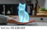 Holographic cat projection hovers above a person's hand in a modern kitchen setting, AI. Стоковое AI-изображение, AI-художник Сергей Старуш / Фотобанк Лори