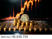 A golden Bitcoin coin is centered on a pile of coins while a vibrant upward graph indicates a rise in cryptocurrency values, reflecting market movements. Стоковое AI-изображение, AI-художник Sergey Grishin / Фотобанк Лори