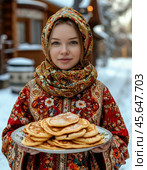 A beautiful girl in a Pavlovo Posad shawl treats with pancakes for Maslenitsa. Pancake week. Стоковое AI-изображение, AI-художник Сергей Елизарьев / Фотобанк Лори