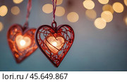 The concept of Valentine's Day, a banner with garlands in the form of hearts and magic lights for a holiday filled with love. A place for the text. Стоковое AI-изображение, AI-художник Photojuli / Фотобанк Лори