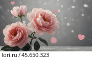 Minimalism. A beautiful pale pink flower on a gray background. The concept of Valentine's Day, Mother's Day and Women's Day. A copy of the space for the text. Стоковое AI-изображение, AI-художник Photojuli / Фотобанк Лори