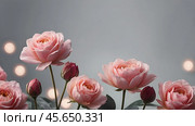 Minimalism. A beautiful pale pink flower on a gray background. The concept of Valentine's Day, Mother's Day and Women's Day. A copy of the space for the text. Стоковое AI-изображение, AI-художник Photojuli / Фотобанк Лори