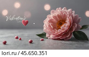 Minimalism. A beautiful pale pink flower on a gray background. The concept of Valentine's Day, Mother's Day and Women's Day. A copy of the space for the text. Стоковое AI-изображение, AI-художник Photojuli / Фотобанк Лори