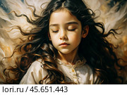 Portrait of a beautiful little brunette girl with long wavy hair and a thoughtful look. The hair develops and creates a feeling of lightness and naturalness. Стоковое AI-изображение, AI-художник Photojuli / Фотобанк Лори