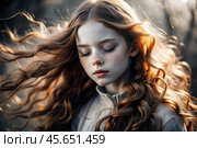Portrait of a beautiful little red-haired girl with long wavy hair and a thoughtful look. The hair develops and creates a feeling of lightness and naturalness. Стоковое AI-изображение, AI-художник Photojuli / Фотобанк Лори