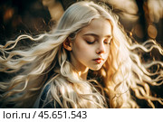 Portrait of a beautiful little blonde girl with long wavy hair and a thoughtful look. The hair develops and creates a feeling of lightness and naturalness. Стоковое AI-изображение, AI-художник Photojuli / Фотобанк Лори