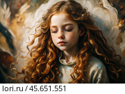 Portrait of a beautiful little red-haired girl with long wavy hair and a thoughtful look. The hair develops and creates a feeling of lightness and naturalness. Стоковое AI-изображение, AI-художник Photojuli / Фотобанк Лори