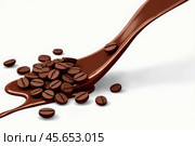 Brown track - a splash of melted chocolate with a scattering of coffee beans below on a white background. Ingredients for a variety of coffee drinks and desserts. Copy space. AI generative. Стоковое AI-изображение, AI-художник Роман Дзюбало / Фотобанк Лори