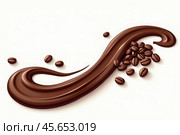 A swirl of melted chocolate surrounded by coffee beans on a white background. Harmonious combination of taste and aroma of ingredients in drinks and desserts. Copy space. AI generative. Стоковое AI-изображение, AI-художник Роман Дзюбало / Фотобанк Лори