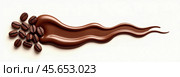 A chocolate wave of melted chocolate and a scattering of coffee beans on a white background. Harmony of flavor. Copy space. AI generative. Стоковое AI-изображение, AI-художник Роман Дзюбало / Фотобанк Лори