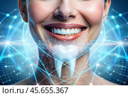 New technologies in dental prosthetics. Implants. Close-up of a smiling woman with a healthy perfect smile. The concept of dental health and dental care. Стоковое AI-изображение, AI-художник Photojuli / Фотобанк Лори
