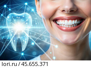 New technologies in dental prosthetics. Implants. Close-up of a smiling woman with a healthy perfect smile. The concept of dental health and dental care. Стоковое AI-изображение, AI-художник Photojuli / Фотобанк Лори