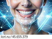 New technologies in dental prosthetics. Implants. Close-up of a smiling woman with a healthy perfect smile. The concept of dental health and dental care. Стоковое AI-изображение, AI-художник Photojuli / Фотобанк Лори