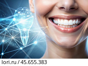 New technologies in dental prosthetics. Implants. Close-up of a smiling woman with a healthy perfect smile. The concept of dental health and dental care. Стоковое AI-изображение, AI-художник Photojuli / Фотобанк Лори