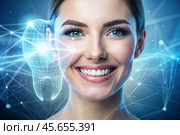 New technologies in dental prosthetics. Implants. Close-up of a smiling woman with a healthy perfect smile. The concept of dental health and dental care. Стоковое AI-изображение, AI-художник Photojuli / Фотобанк Лори