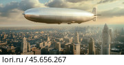 Zeppelin flying over new york city on a cloudy day. Стоковое AI-изображение, AI-художник Юрий Поздников / Фотобанк Лори