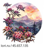 Rhododendrons blooming at sunset over majestic mountains. Стоковое AI-изображение, AI-художник Иван Рябоконь / Фотобанк Лори