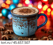 All over the world, December 13 is celebrated as World Hot Cocoa Day. This delicious drink is loved for its thick, rich taste and is valued for its wealth of useful microelements. Стоковое AI-изображение, AI-художник Сергей Елизарьев / Фотобанк Лори