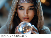 Close up portrait of a beautiful young woman fortune teller with crystal ball in her hands. Стоковое AI-изображение, AI-художник Евгений Харитонов / Фотобанк Лори