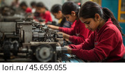 Teenage workers at a textile factory. Background with selective focus and copy space. Стоковое AI-изображение, AI-художник Ярославский Максим / Фотобанк Лори