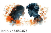 Double exposure of a couple in love: Delicate silhouettes against a background of flowers. Стоковое AI-изображение, AI-художник Ярославский Максим / Фотобанк Лори
