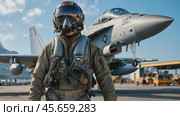 Military pilot in full gear stands in front of a fighter jet on a tarmac. Стоковое AI-видео, аниматор Юрий Поздников / Фотобанк Лори
