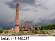 Pipes of old lime kilns on the abandoned marble and lime factory on a frosty January morning. Ruskeala, Karelia. Russia. Стоковое фото, фотограф Ольга Сейфутдинова / Фотобанк Лори