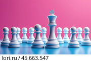 Leadership concept: white chess pieces in bold formation against pink background. Стоковое AI-изображение, AI-художник PlatypusMi86 / Фотобанк Лори