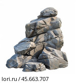Large gray rock formation isolated on white background. Стоковое AI-изображение, AI-художник Иван Рябоконь / Фотобанк Лори