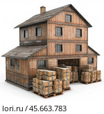 Wooden warehouse storing goods on pallets in a rustic setting. Стоковое AI-изображение, AI-художник Иван Рябоконь / Фотобанк Лори