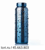 Reusable metal water bottle covered with condensation on white background. Стоковое AI-изображение, AI-художник Иван Рябоконь / Фотобанк Лори