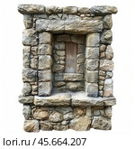 Old stone window showing deteriorating wooden shutter in ancient wall. Стоковое AI-изображение, AI-художник Иван Рябоконь / Фотобанк Лори