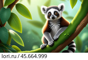 Cute ringtailed lemur on a tree branch in vibrant jungle setting. Стоковое AI-изображение, AI-художник PlatypusMi86 / Фотобанк Лори