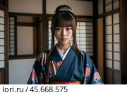 A Japanese young woman with a sword and wearing Japanese clothes. Стоковое AI-изображение, AI-художник Александр Поташев / Фотобанк Лори