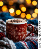 All over the world, December 13 is celebrated as World Hot Cocoa Day. This delicious drink is loved for its thick, rich taste and is valued for its wealth of useful microelements. Стоковое AI-изображение, AI-художник Сергей Елизарьев / Фотобанк Лори