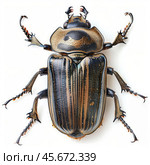 Goliath beetle showing its metallic elytra and spiked legs on white background. Стоковое AI-изображение, AI-художник Иван Рябоконь / Фотобанк Лори