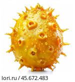 Kiwano fruit covered with water droplets on white background. Стоковое AI-изображение, AI-художник Иван Рябоконь / Фотобанк Лори