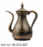 Ornamented metal teapot embracing traditional arabic design on white background. Стоковое AI-изображение, AI-художник Иван Рябоконь / Фотобанк Лори