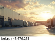 White trucks parked at a bustling logistics hub area in a row. Lineup of several trucks in the truck parking fully prepared, ready for deliveries. Van transportation truck park. Warehouse distribution. Стоковое AI-изображение, AI-художник Марина Демидюк / Фотобанк Лори