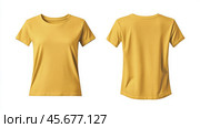 T-shirt mock-up. Empty yellow female classic tee shirt front and back mockup template isolated on white background. Blank cotton red short sleeve shirt with round neck, jersey fabric. Clothing apparel. Стоковое AI-изображение, AI-художник Марина Демидюк / Фотобанк Лори
