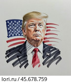 Портрет Дональда Трампа президента Соединенных Штатов Америки. Эскиз. Набросок. Иллюстрация. Portrait of Donald Trump, President of the United States of America. Sketch. Illustration. Редакционное AI-изображение, AI-художник Гер Олег / Фотобанк Лори
