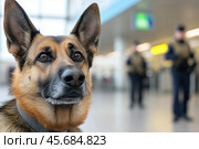 Customs detection dog at the airport in front of the border guards. Стоковое AI-изображение, AI-художник Евгений Харитонов / Фотобанк Лори